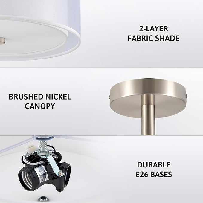 VONLUCE Semi Flush Mount Ceiling Light, 13'' Ceiling Light Fixture with 2-Layer Fabric Shade, 3-Light Modern Drum Light Fixture for Bedroom Living Room Entryway Hallway, White Shade & Nickel Finish