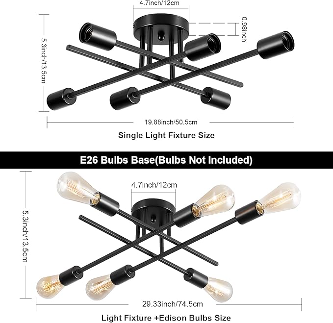 Sputnik Chandeliers, Modern Semi Flush Mount Ceiling Light with E26 Base, Mid Century Industrial Kitchen Farmhouse Light Fixtures for Bedroom Living Room (Black, Ceiling 6 Lights (Lengthen))