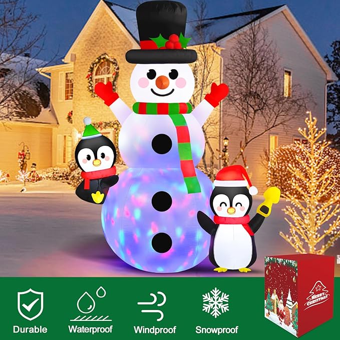 Danxilu 6 FT Christmas Inflatable Outdoor Decoration, Snowman with Penguins Built-in Rotating Colorful LED Lights, Christmas Inflatables Blow Ups Yard Decor for Garden Lawn Xmas Holiday Party