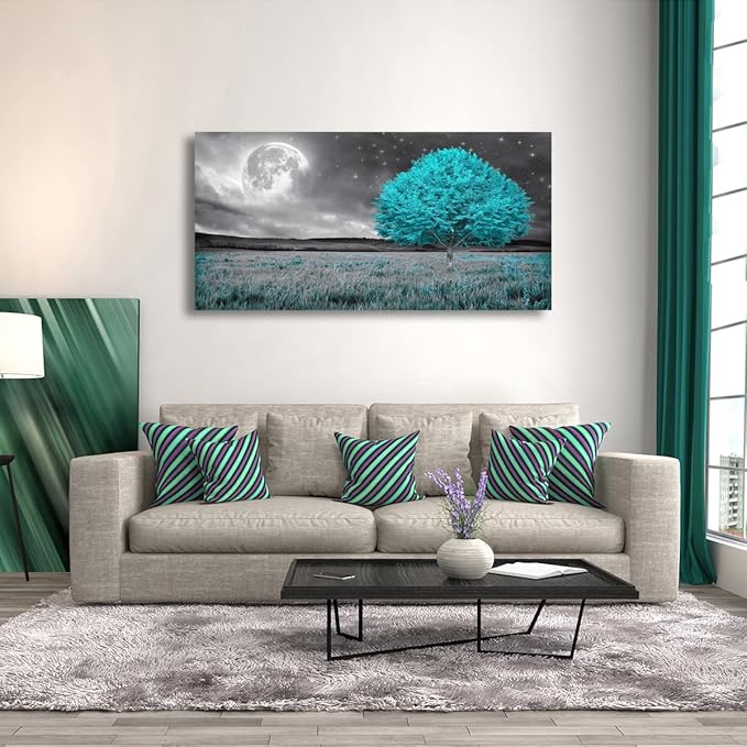 Tree of Life Wall Art Canvas Prints Natural Landscape Picture Home Decor Full Moon and Blue Tree Paintings for Living Room Bedroom Bathroom Kitchen Office Decorations 24x48 Wooden Frames Artwork