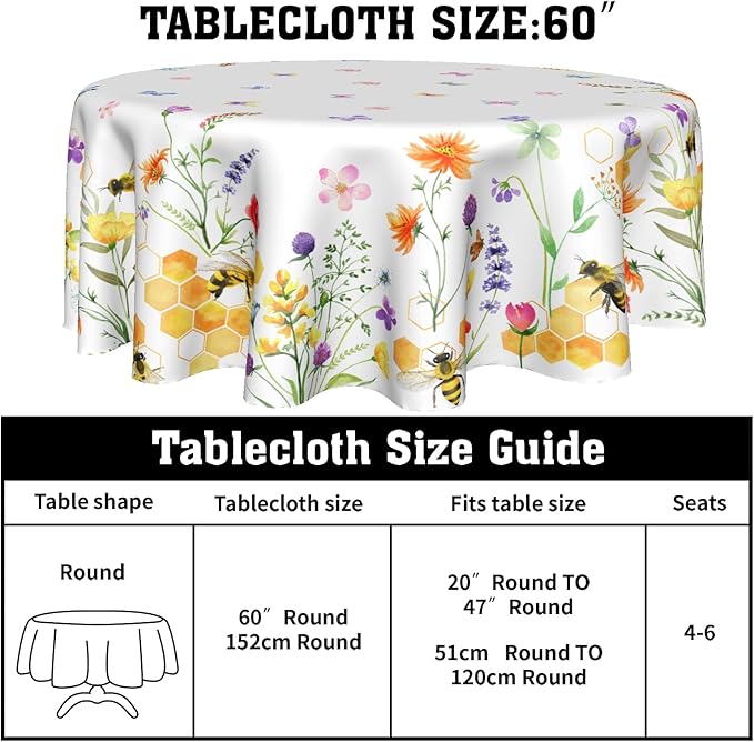 Spring Tablecloth Round 60 Inch Spring Summer Floral Tablecloth Round Cover Spring Farmhouse Wildflower Round Tablecloth Washable Table Cover for Kitchen Dining Indoor Outdoor Table Decorations