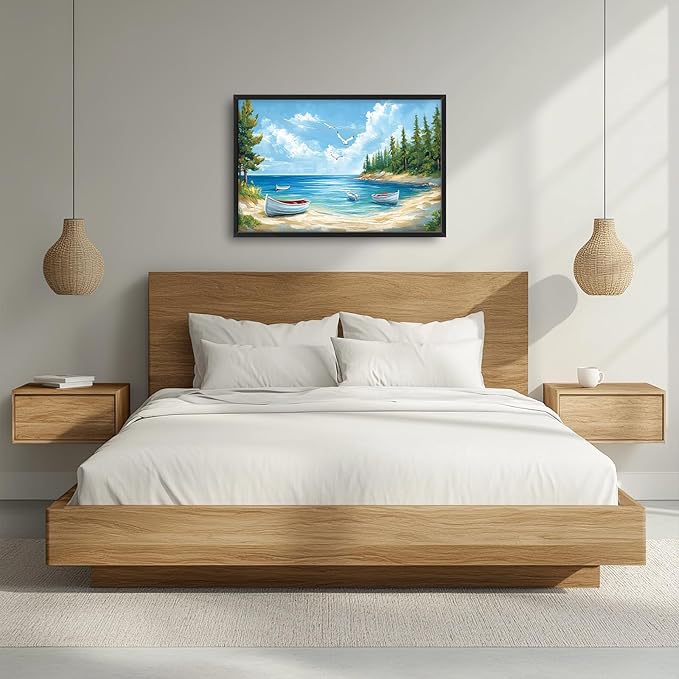 Framed Large Wall Art for Living Room, Beach Boat Canvas Wall Decor, Large Coast Sailboat Picture Framed Painting, Modern Artwork for Bedroom Office 36L'' × 24W''