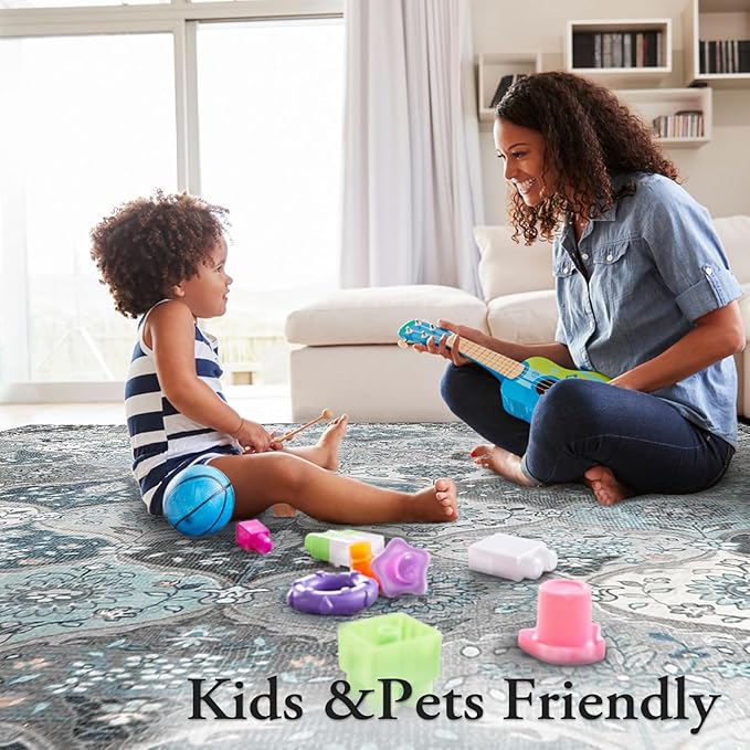 Lahome Moroccan 8x10 Area Rugs for Living Room, Washable Rugs 8x10 Ultra-Thin Oriental Non-Slip Non Shedding Accent Carpet for Bedroom Dining Room Office Nursery, Blue