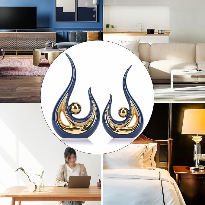 LCCCK Blue Gold Abstract Figurine Statues for Home Decor – Modern Ceramic Sculpture Accent, Decorative Statues for Living Room, Shelf, TV Stand, Office or Coffee Table Centerpiece Art Decoration