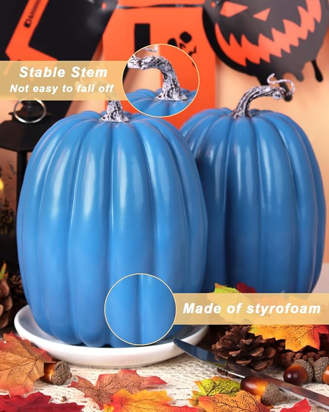 vensovo 2PCS 8 Inch Blue Plastic Pumpkins for Decorating – Large Artificial Foam Pumpkins for Fall Decor, Halloween, Thanksgiving, Paintable for DIY Crafts & Centerpieces