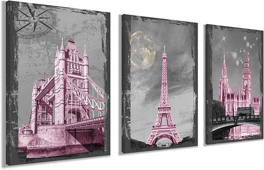 YUANAND Eiffel Tower Wall Decor Girls Pink Room - Paris Wall Decor Canvas Art Pictures - Bedroom Decor Framed Posters Paintings