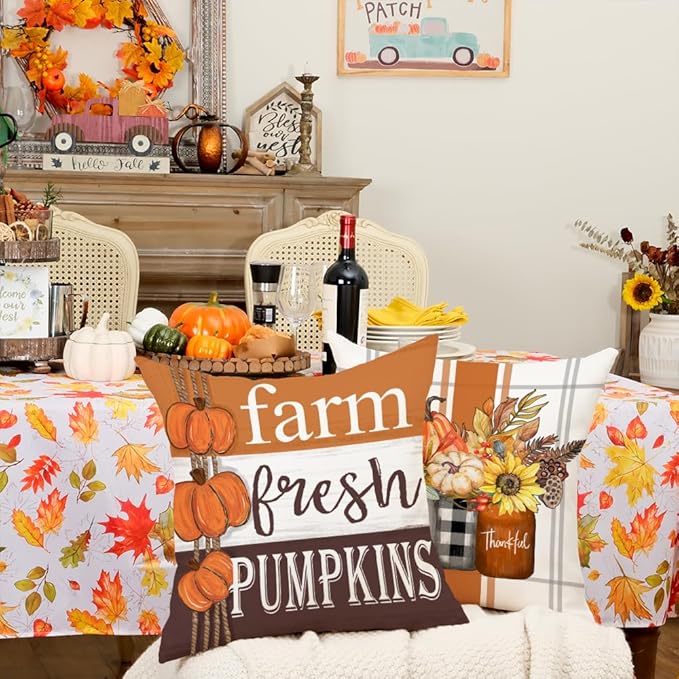 GEEORY Fall Pillow Covers 16 x 16 Inch Set of 4, Happy Fall Y'all Stripes Pumpkins Mason Jar Thankful Decor, Cushion Cases for Farmhouse Home Party Sofa Couch (Brown) G355-16