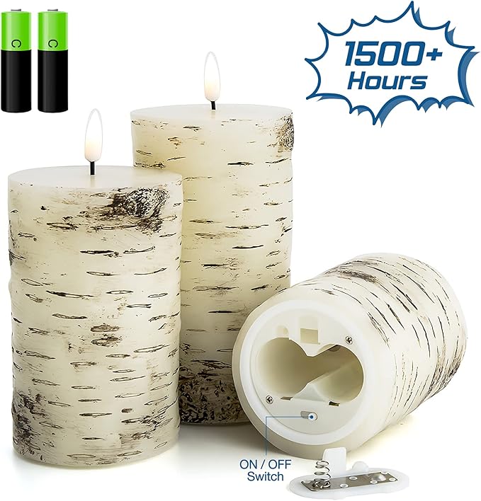 Eywamage Birch Bark Flameless Pillar Candles with Remote, Flickering Rustic Battery LED Wood Candles Set of 3