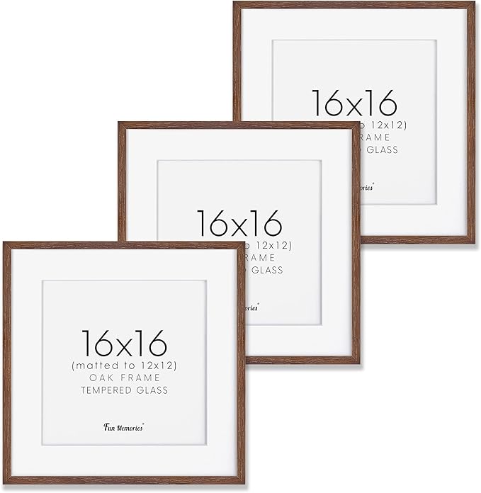 16x16 Picture Frames for Wall, Oak Wood 16"x16" Photo Frame, Square 16 x 16 Frame Matted to 12 x 12 - Tempered Real Glass, Rustic 16x16 Wood Frames (Walnut Color, 3 Pack)
