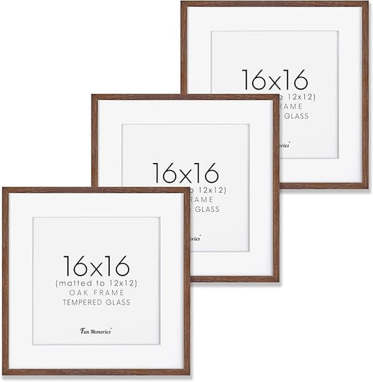 16x16 Picture Frames for Wall, Oak Wood 16"x16" Photo Frame, Square 16 x 16 Frame Matted to 12 x 12 - Tempered Real Glass, Rustic 16x16 Wood Frames (Walnut Color, 3 Pack)