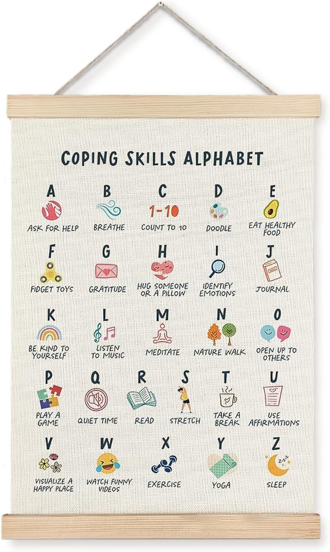Supwhd Coping Skills Alphabet Poster for Kids, Mental Health Wall Decor for Classroom Nursery Kids Room Playroom School Counselor Office, Mental Health Poster Hanger Frame, 12x16
