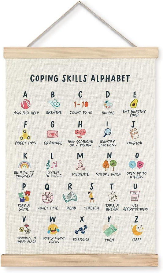 Supwhd Coping Skills Alphabet Poster for Kids, Mental Health Wall Decor for Classroom Nursery Kids Room Playroom School Counselor Office, Mental Health Poster Hanger Frame, 12x16