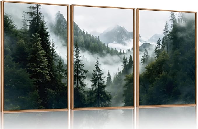 HOURIA Boho Forest Mountain Framed Canvas Wall Art Set,Nature Foggy Woodland Ridge Wall Decor,Misty Pine Tree Artwork,Sage Green Botanical Art Prints for Living Room, Bedroom, Farmhouse-16 x24 x3
