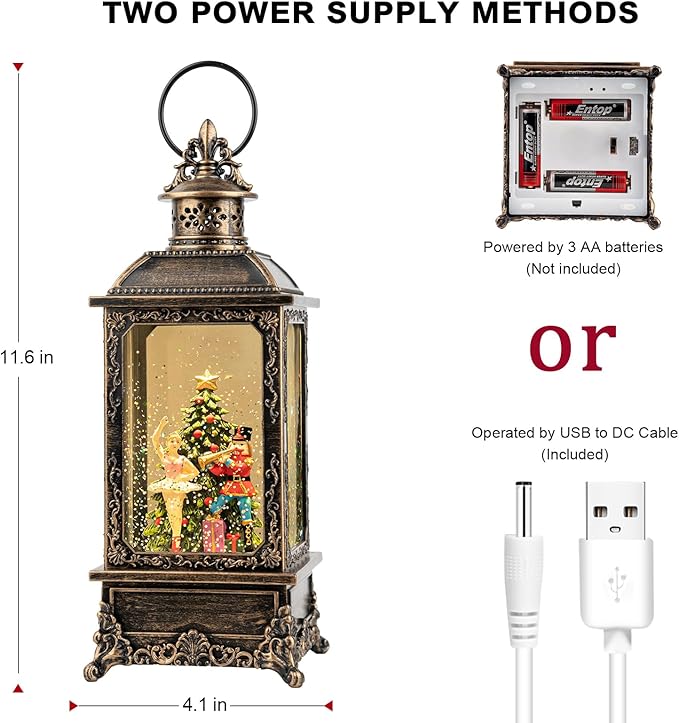 Christmas Nutcracker Snow Globe Lantern - Vintage LED Swirling Glitter Water Lamp with Clara & Soldier, Plays The Nutcracker Suite Music, 6-Hour Auto Timer - Holiday Tabletop Decor & Gift
