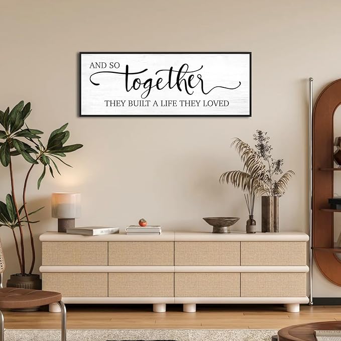 And So Together They Built A Life They Loved Wall Decor: 40''×15'' Bedroom Signs Canvas Wall Decor Above Bed,Modern Farmhouse Living Room Master Bedroom Decor Large Framed Hanging Wall Plaque