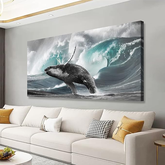 Surging Waves Whale Pictures Canvas Wall Art For Living Room Bedroom Wall Decor,Surge Wall Art Print Paitnings for Home Decor,Morden Artwork Seascape Canvas Art Waterproof Ready to Hang-20X40Inches