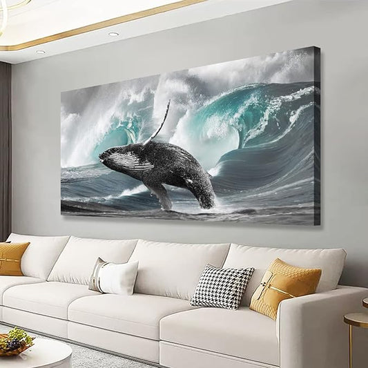 Surging Waves Whale Pictures Canvas Wall Art For Living Room Bedroom Wall Decor,Surge Wall Art Print Paitnings for Home Decor,Morden Artwork Seascape Canvas Art Waterproof Ready to Hang-20X40Inches