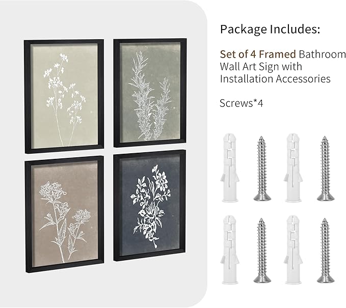 Heiple Framed Wall Art Set of 4 for Boho Home decor Botanical Print Wall Art for Rustic Vintage Farmhouse Wall Decor for Living Room (Black,12”x16”)
