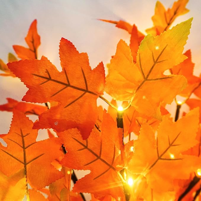 3Pcs 30”Lighted Maple Leaves Branches Stems with Timer Battery Operated 60 LEDs Fall Artificial Maple Branches with Lights for Vases Autumn Home Thanksgiving Halloween Christmas Decoration