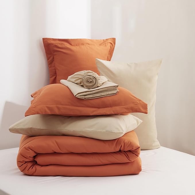 Bedsure Queen Comforter Set - 7 Pieces Burnt Orange Queen Bedding Set for All Seasons, Boho Contrasting Design Bed in a Bag with Comforter, Sheets, Pillowcases & Shams