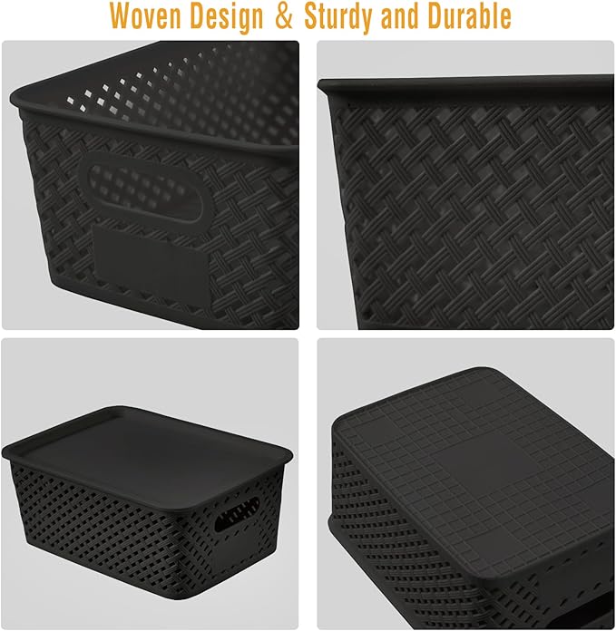 Small Plastic Twill Woven Storage Baskets with Lids, Stackable Organizing Containers with Labels for Pantry Closet Office, 6-Pack,10.35"x7.3"x4.09", Black