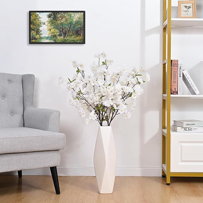 Sunm Boutique White Cherry Blossom Flowers, Artificial Cherry Blossom Decor Faux Cherry Blossom Branches Vase Arrangements for Wedding Home Party Kitchen Decor, Set of 3