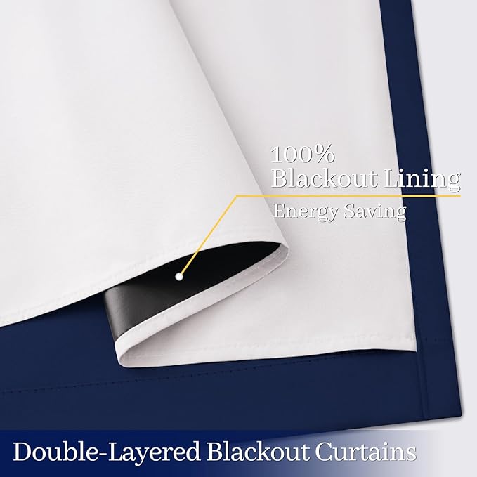 Yakamok 100% Blackout Curtain Panels 84 inches Cold and Light Blocking Drapes for Nursery, 2 Thick Layers Thermal Insulated Draperies (2 Pieces, 50 Wide Each Panel, Navy Blue Front with White Backing)