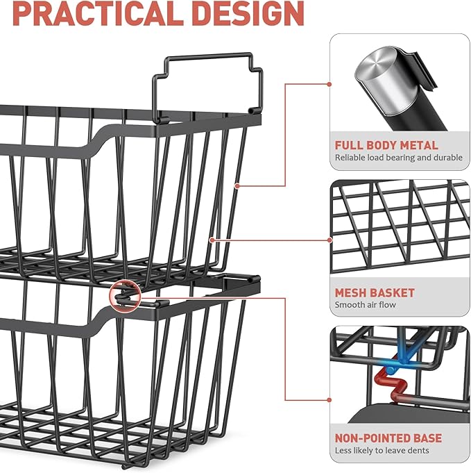 Goovilla Freezer Organizer Bins with Foldable Handle, 8 Pack Stackable Freezer Baskets for 3.5-7 Cu.FT Deep Chest Freezer Organization, Coated Metal Freezer Storage Bins with Better Space Utilization