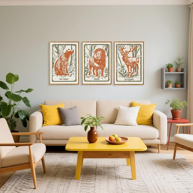 HPNIUB Cartoon Forest Animals Framed Canvas Wall Art Set, Modern Abstract Jungle Deer Bear Lion Wall Decor, Inspirational Quote Wall Painting, Boho Art Print for Preppy Room, Living Room, Bedroom - 16"x24"x3