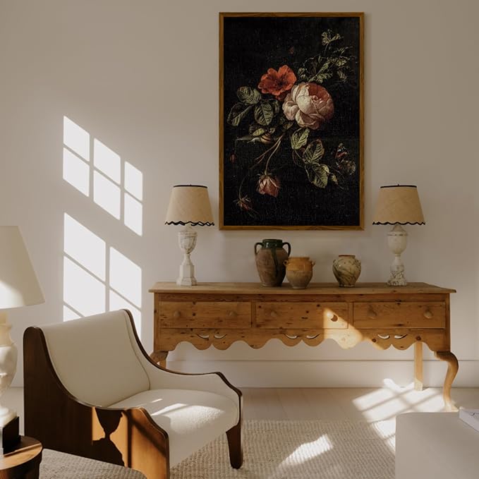 crmotu Large Framed Wall Art, Still Life Rose Canvas Prints, Botanical Floral Vintage Oil Paintings, Dark Academia Flower Pictures Wall Decor Living Room Bedroom Bathroom, Kitchen Decorations 24x36in