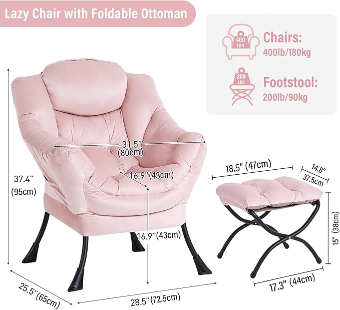 Lazy Chair with Ottoman, Modern Chair with Folding Footrest, Lounge Accent Chair, Comfortable Reading Chair, Oversized Armchairs for Bedroom, Study, Living Room, Courtyard (Pink)