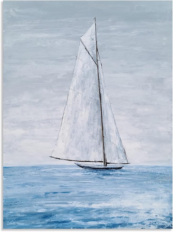 Yihui Arts Coastal Canvas Wall Art - Blue and White Nautical Boat Painting for Bathroom, Living Room, Bedroom, and Hallway Decor