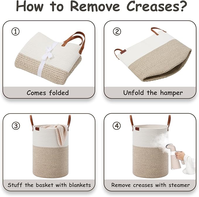 VIPOSCO Tall Laundry Basket, Large Dirty Clothes Hamper with Leather Handle, Woven Rope Storage Basket for Blanket, Toy In Living Room, Bathroom, Bedroom - 53L White & Brown