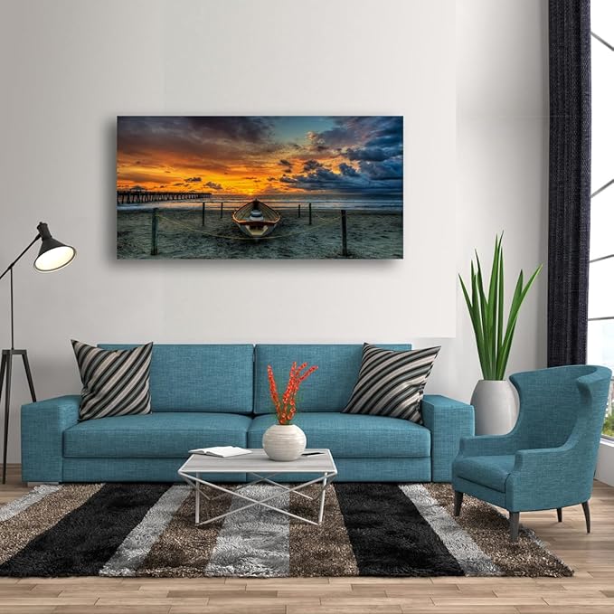 Beach Themed Wall Art Canvas Prints Seascape Poster Bathroom Décor Boat Ocean Sunset Landscape Paintings for Bedroom Dining Room Home Kitchen Decorations Natural Artwork 28x57 Picture Wooden Frames