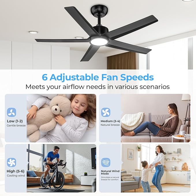 ocioc 44 Inch Ceiling Fans with Lights and Remote,Quiet DC Motor, Dimmable, 3CCT, 6 Speeds,Reversible, Black Modern Ceiling Fan for Bedroom, Living Room,Dining Room