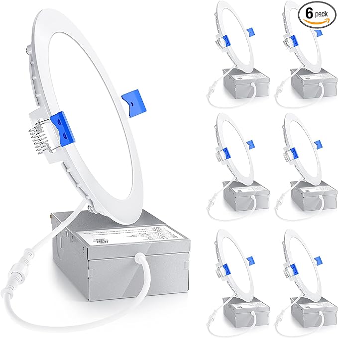 Ensenior 6 Pack 6 Inch LED Recessed Light, Dimmable, 5000K Daylight, 1050LM High Brightness, 12W 120V, Damp Rated, Ultra-Thin Canless Wafer Ceiling Light - ETL & FCC & IC