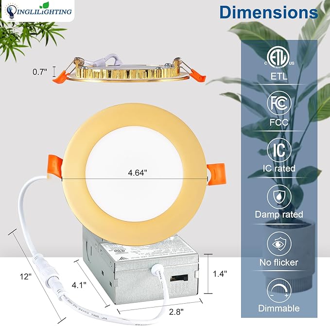 DLLT LED Recessed Ceiling Lights: 12 Pack 4 Inch 5CCT Ultra-Thin Lighting with Junction Box for Bedroom - 900LM Brightness 9W Eqv 80W Dimmable Canless Wafer Downlight with ETL&FCC-Gold