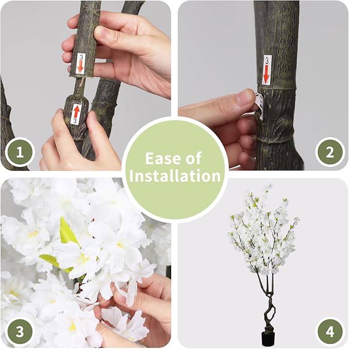 Faux White Cherry Blossom 6ft(72in) Tall Artificial Plant Indoor Decor Handmade Natural Fake Cherry Blossom Tree for Wedding Realistic Cherry Plant in Pot for Home Living Room,Office,Outdoor Decor.