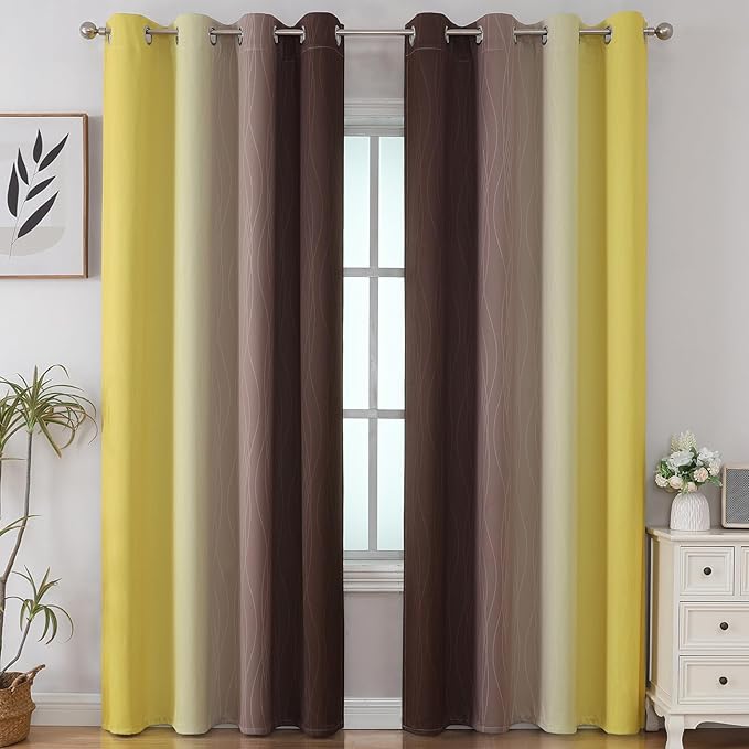 Estelar Textiler Brown and Yellow Blackout Curtains for Bedroom, Thermal Insulated Ombre Drapes 84 Inches Long, Full Room Darkening Energy Saving Curtains for Living Room, 52Wx84L, 2 Panels