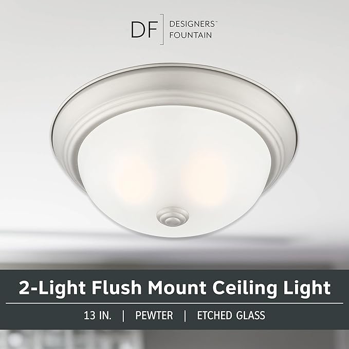 DESIGNERS FOUNTAIN Reedley 2-Lights Flush Mount Ceiling Light, 13 Inch Lighting Fixture for Kitchen, Bedroom, Bathroom, and Hallway, Pewter/White with Etched Glass, 1257M-PW-W