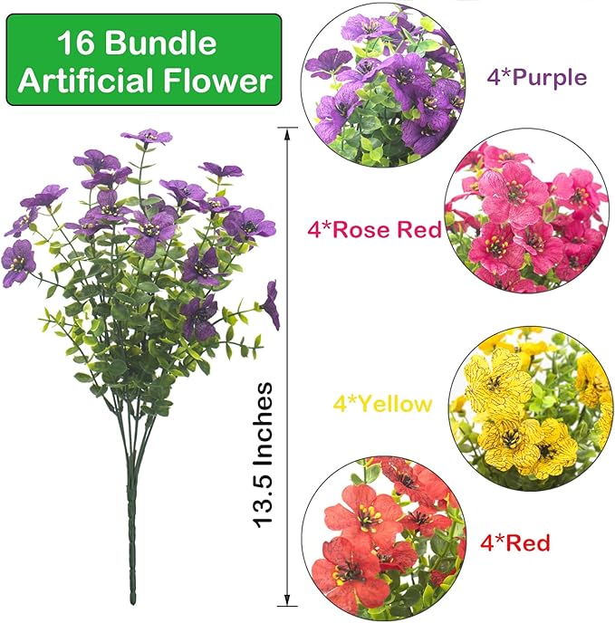 16 Packs Artificial Flowers - Fake Plastic Plants Faux Eucalyptus & Boxwood Greenery | Indoor Outdoor Home Garden Patio Porch Decoration(Mixed Color)