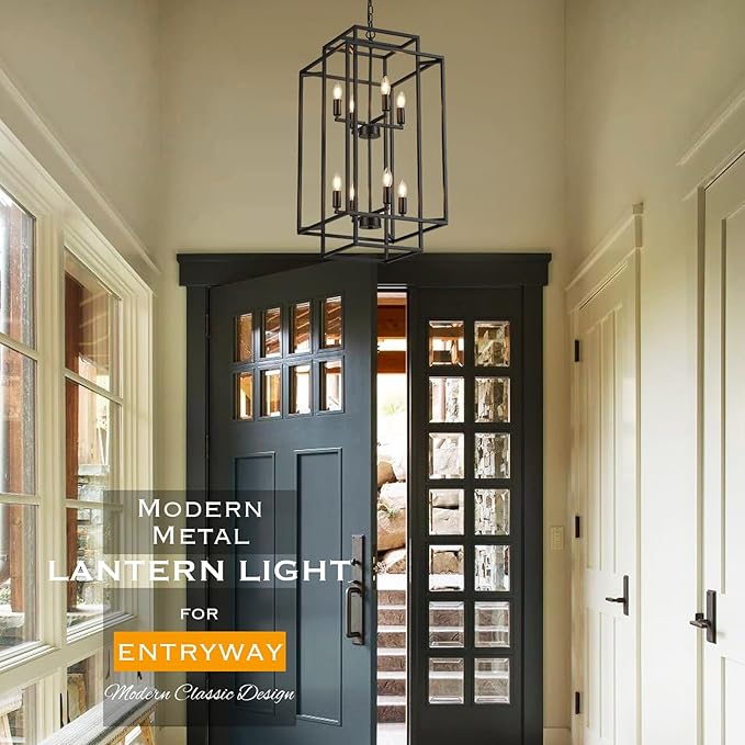 8-Light Black Chandelier,Semi Flush Light Fixture for Farmhouse with Metal Cage,E12 Bulb Socket and Adjustable Height for Dining Room,Kitchen Island,Living Room,Staircase, Entryway and indoor