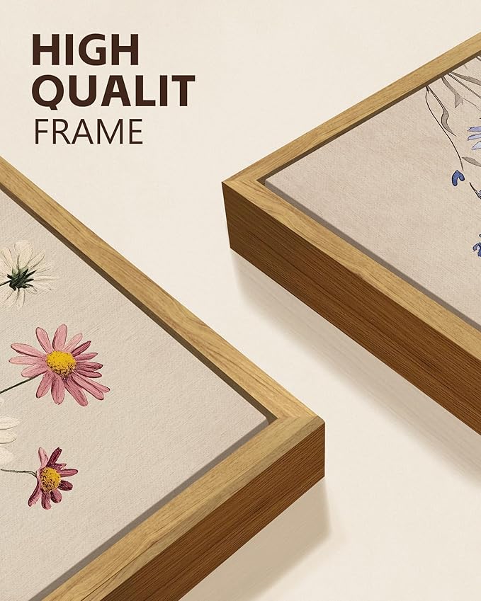 KUVIOKE Vintage Wildflower Bouquet Framed Wall Art Color Botanical Flower Wall Decor Modern Colorful Floral Hanging Decor for Living Laundry Dining 12x16in (Natural Framed)