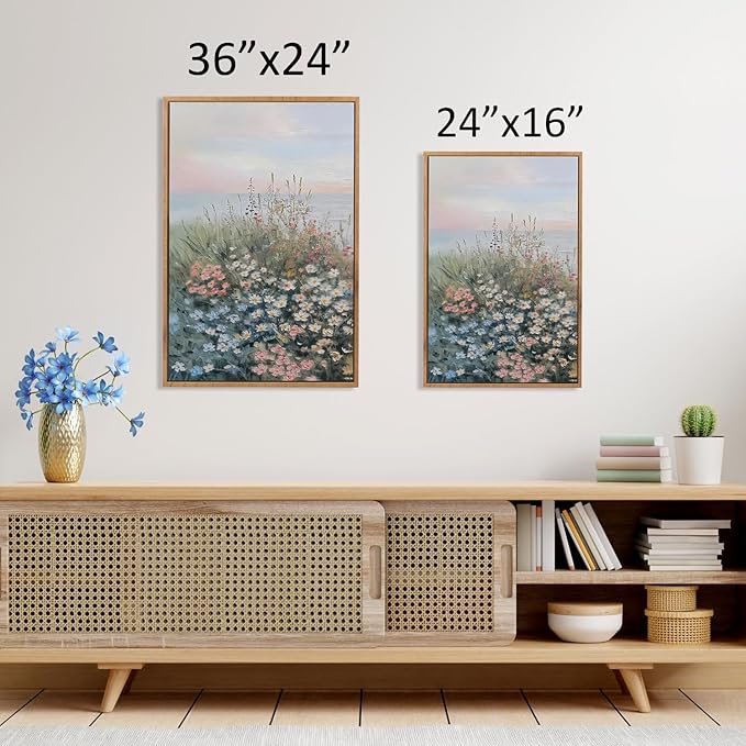 CHDITB Coastal Wildflowers Framed Canvas Wall Art Set, Coastal Floral Nursery Wall Decor, Seaside Sunset Artwork Spiritual Painting, Vintage Beach Art Prints For Living Room, Bedroom, Office 24"x36”x3