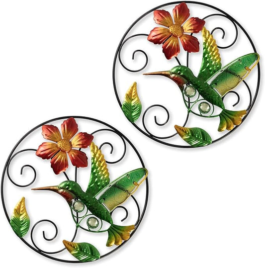 Jusimux 2 Pack the lovely Round metal/Glass Hummingbird and Flower wall Art Decor, 9.5 Inch Fence Decorations Outdoor Hanging Decor for Patio Bedroom Living Room Garden Yard