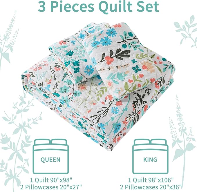 VAPUTAR King Size Quilt-3 Pieces Botanical Bedspread King Size (98 x 106 inch), Lightweight Coverlet Set with Garden Style Floral Pattern,Oversized Quilted Bedding Set with Shams for All Season