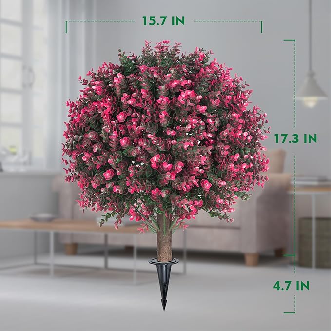 Set of 2 Artificial Rose Boxwood Topiary Ball Bush for Outdoor with Ground Spike 22", UV Resistant Faux Greenery Shrubs, Fake Rose&Green Boxwood Plants for Garden, Yard, Porch, Patio Decor