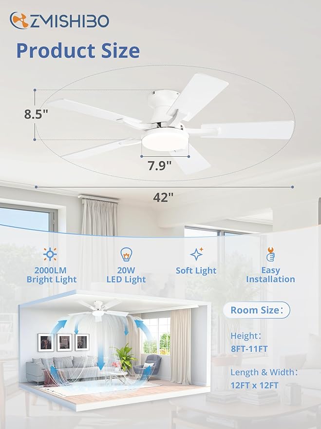 ZMISHIBO 42 Inch Ceiling Fan with Light, App&Remote Control, Flush Mount Low Profile, Dimmable 20W LED Light, Quiet Reversible Motor for Bedroom, Living Room, Apartment, White