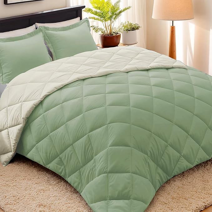 HIG 3pc Sage Green King Size Comforter Set -All Season Reversible Down Alternative Comforter with Two Shams -Quilted Duvet Insert with Corner Tabs - Diamond Stitched Blanket - Breathable, Soft, Fluffy