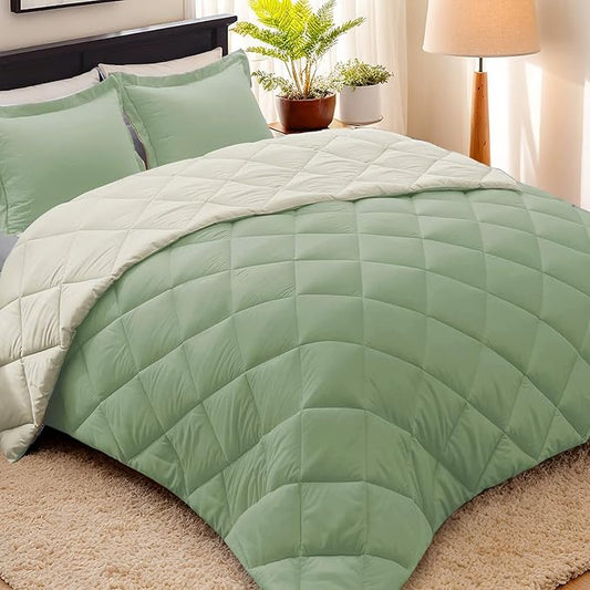 HIG 3pc Sage Green Queen Size Comforter Set-All Season Reversible Down Alternative Comforter with Two Shams -Quilted Duvet Insert with Corner Tabs - Diamond Stitched Blanket - Breathable, Soft, Fluffy